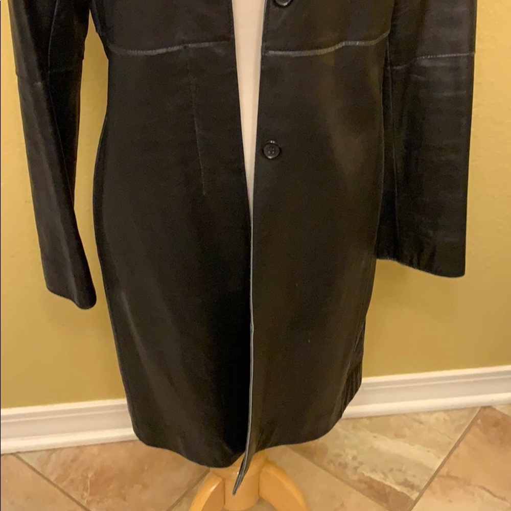 EXPRESS Black Leather Long Jacket Coat 9/10 - Picture 4 of 8